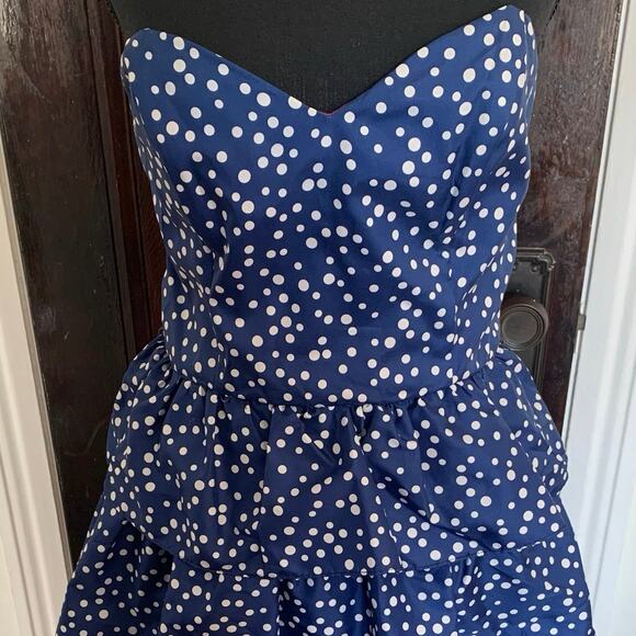 Vintage 80s Diamonds Run Blue Polkadot Tiered Cupcake Dress Strapless Sweetheart - Picture 4 of 5